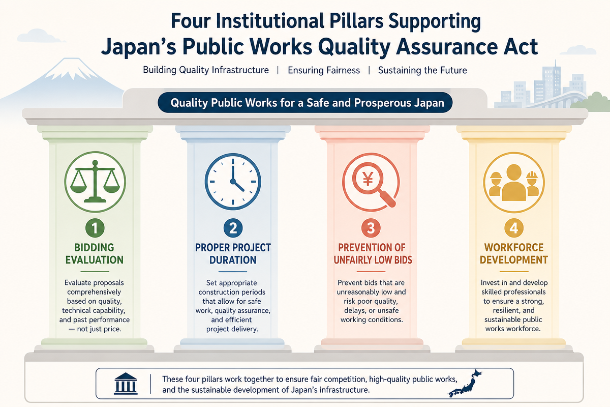 公共工事品 確法 - 入札・工期・担い手確保を支える4本の制度的柱