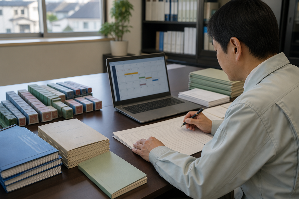 日本人男性が建退共の証紙や手帳、受払簿を机に並べ、年間実務カレンダーで履行確認を整理している様子