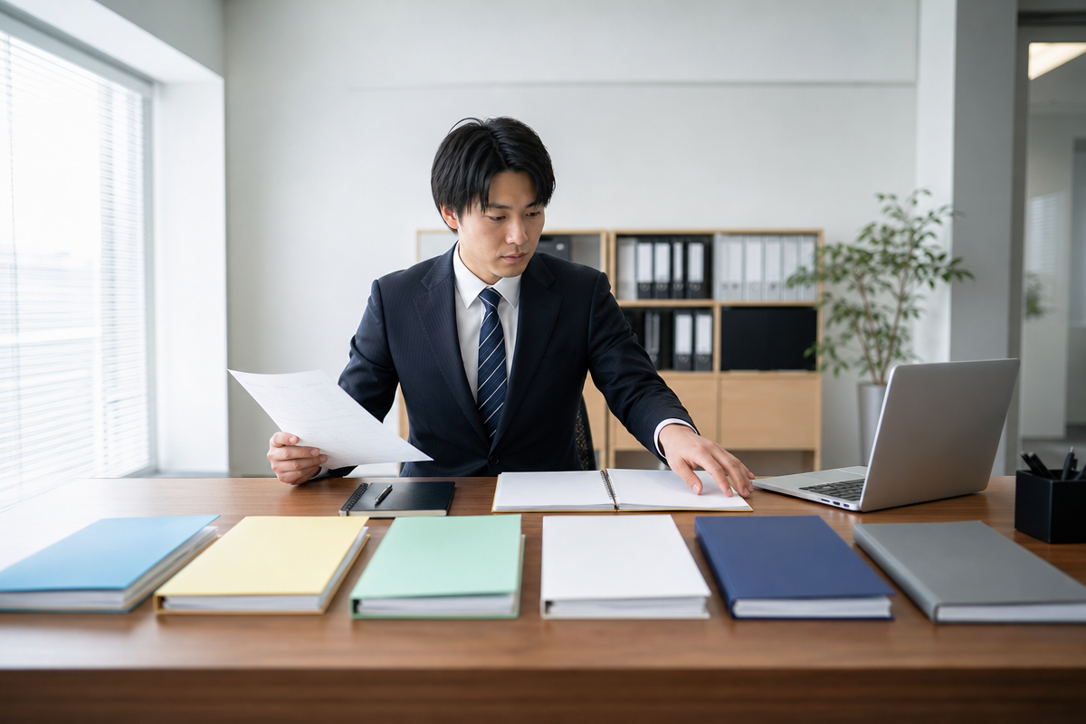日本人男性が経営事項審査 国土交通省 の申請書類を整理し、電子申請ポータルを操作している様子  