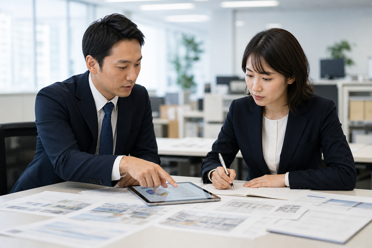 日本人の技術者2人がオフィスで経営事項審査 国土交通省の改定手引きを確認している様子  