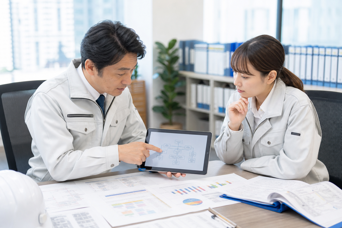 日本人の建設会社経営者がオフィスで経営審査事項の資料を確認し、公共工事入札手続きを検討している様子  