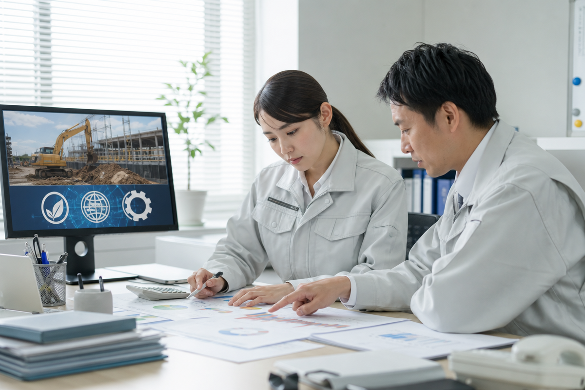日本人技術者がオフィスで経営事項審査の改正内容を確認し、W項目や建設機械、ISO認証関連の資料を検討している様子。  