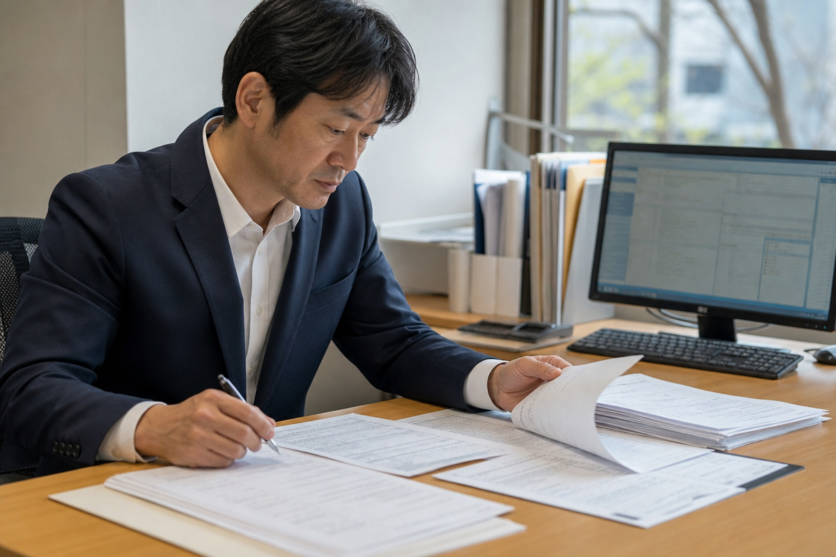建退共 経営事項 審査に必要な履行証明書の発行手続き書類を確認する日本人実務担当者