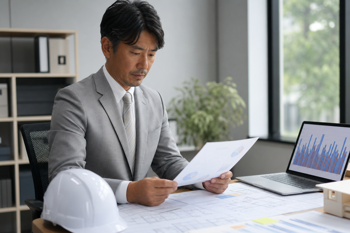 日本人の建設業経営者が経営事項審査の評価資料を確認している様子を示す写真。