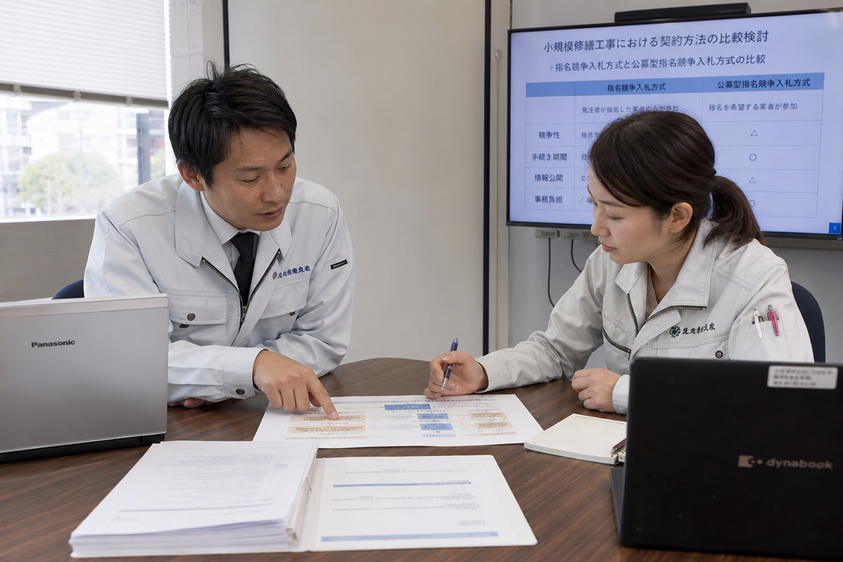 群馬県 小規模修繕工事の制度比較を話し合う日本人職員が資料と図表を示す会議の様子