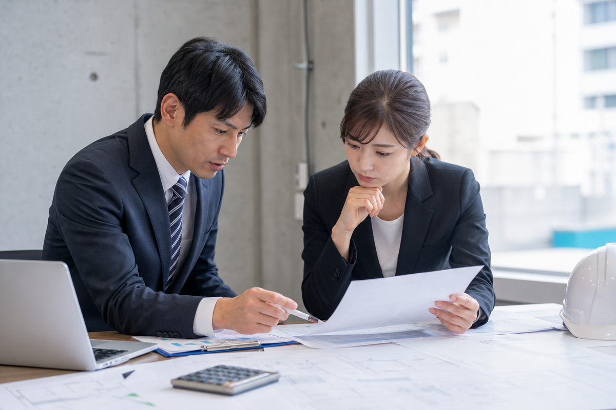 日本人の建設業経営者がオフィスで経審 点数を上げる対策の資料を分析している様子