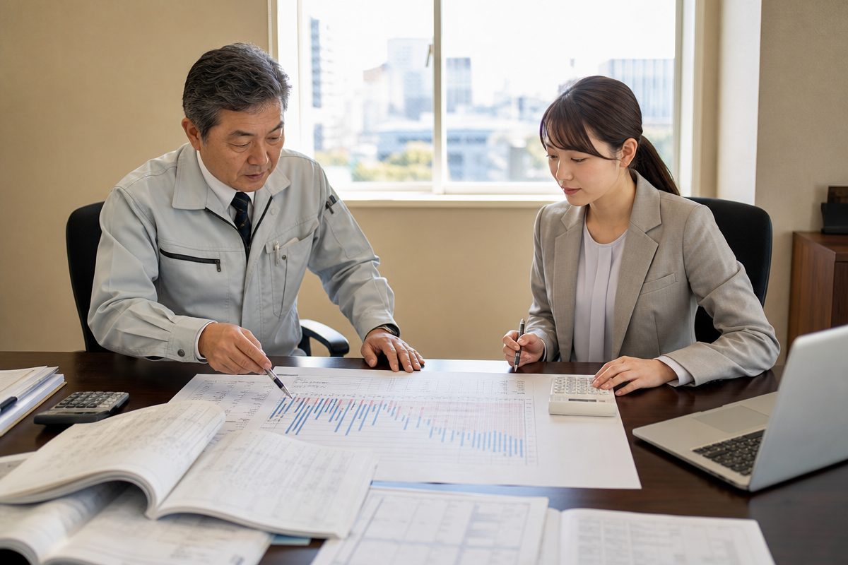 日本人の経営者と会計担当者がオフィスで経営事項審査の点数アップ方法を検討している様子  