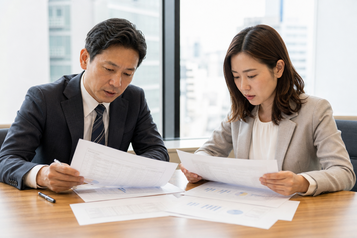 日本人の建設業経営者が国土交通省の経営事項審査資料を確認している様子を示す画像  