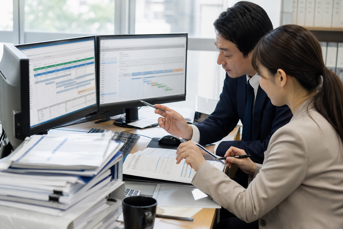 日本人職員がオフィスで経営事項審査の申請手順を確認し、必要書類と期限管理を整理している様子  