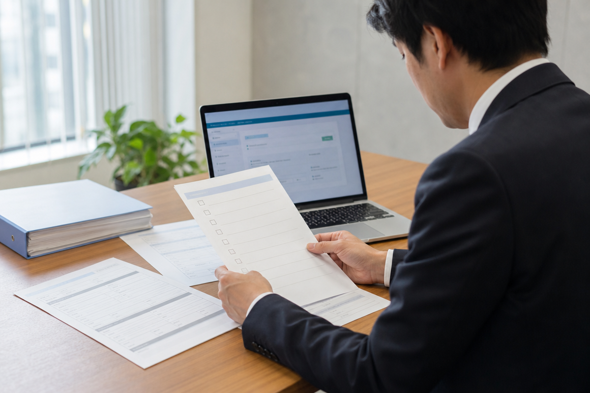 日本人男性が経営事項審査の手続きを確認するため、申請書類とチェックリストを机上で整理している様子。  