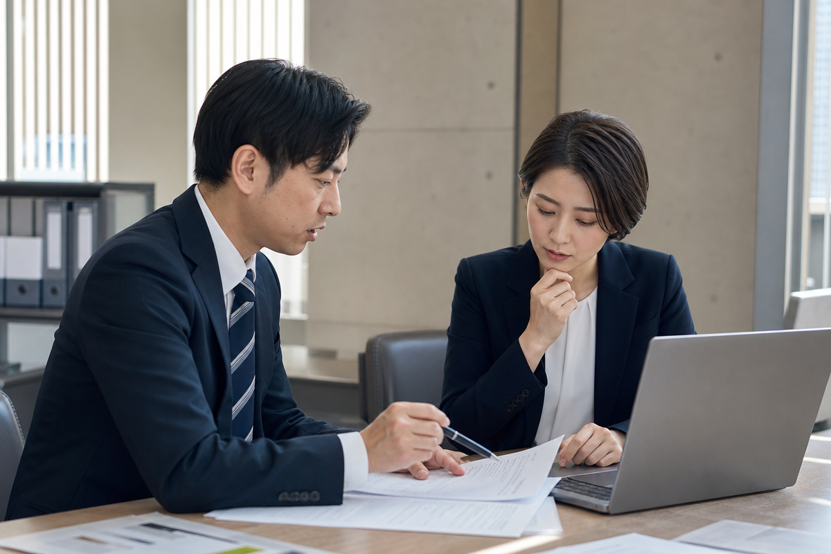 日本人の担当者が建設業許可と経営事項審査申請書を確認しながら入札参加資格への影響を検討している様子  