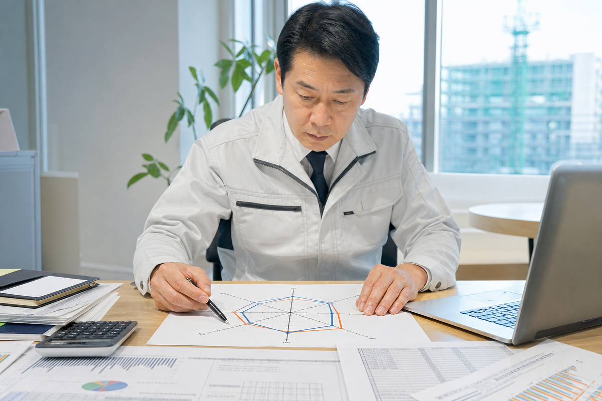 日本人男性の建設業経営者がオフィスで経営審査事項の評価項目X1からWまでを示す表を確認している様子  