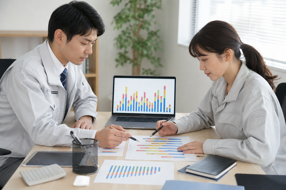 日本人の技術者と経営担当者がオフィスで総合評定値P点のX・Y・Z・W評価体系を分析している様子  
