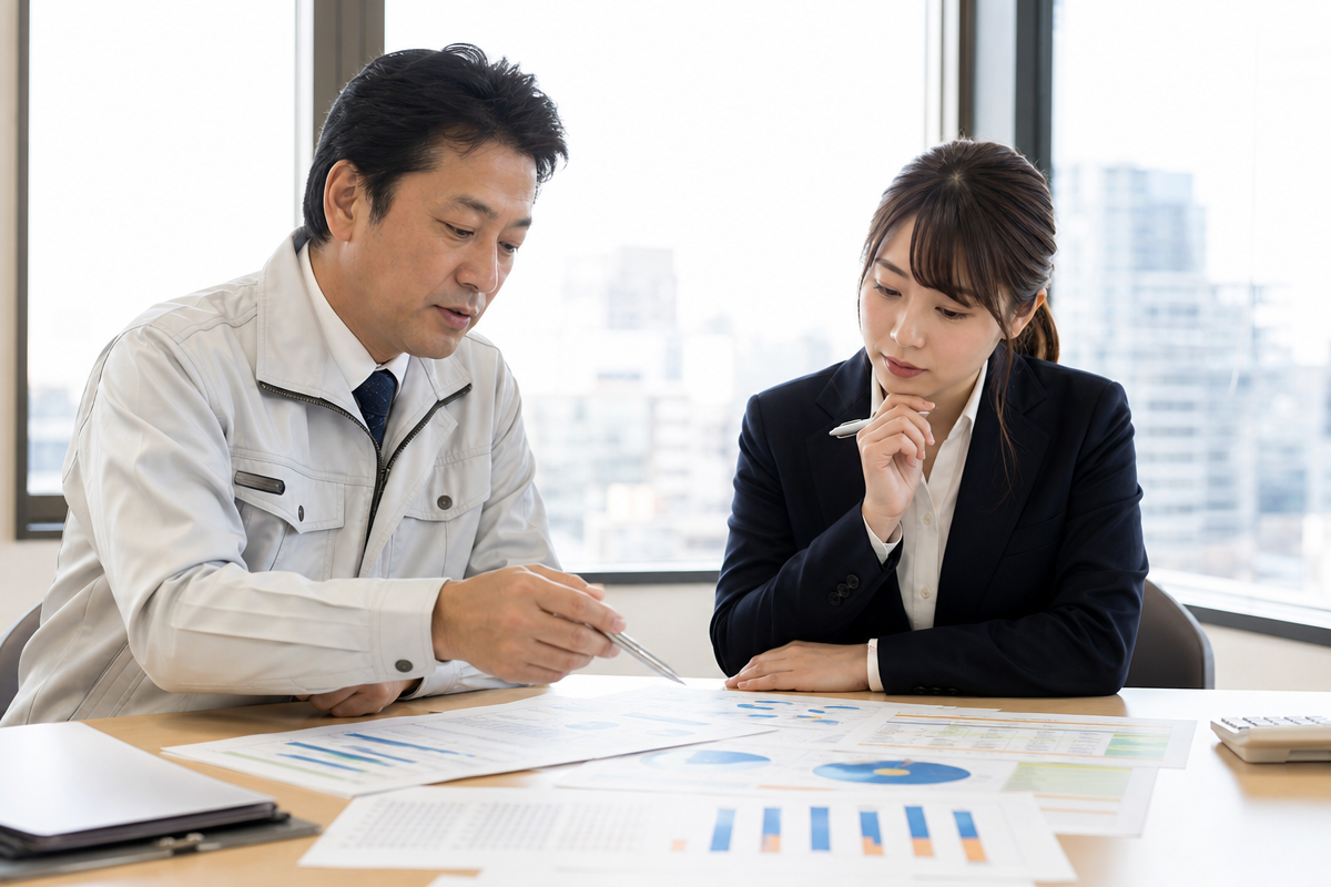 日本人の建設業管理者と会計担当者が財務資料と評価表を見ながら国土交通省経営事項審査の点数向上策を検討している様子  