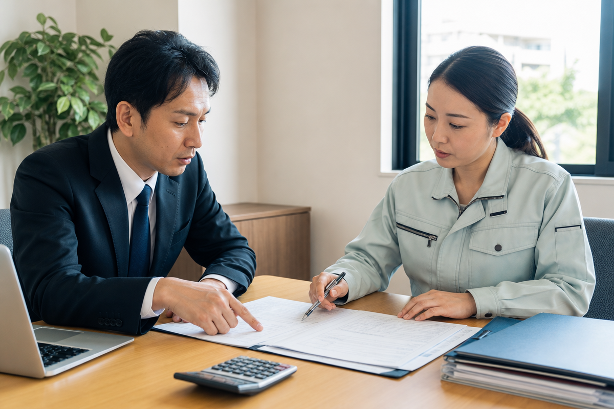 日本人の行政書士と建設業経営者が経審の費用と期間を確認しながら申請書類を整理している様子