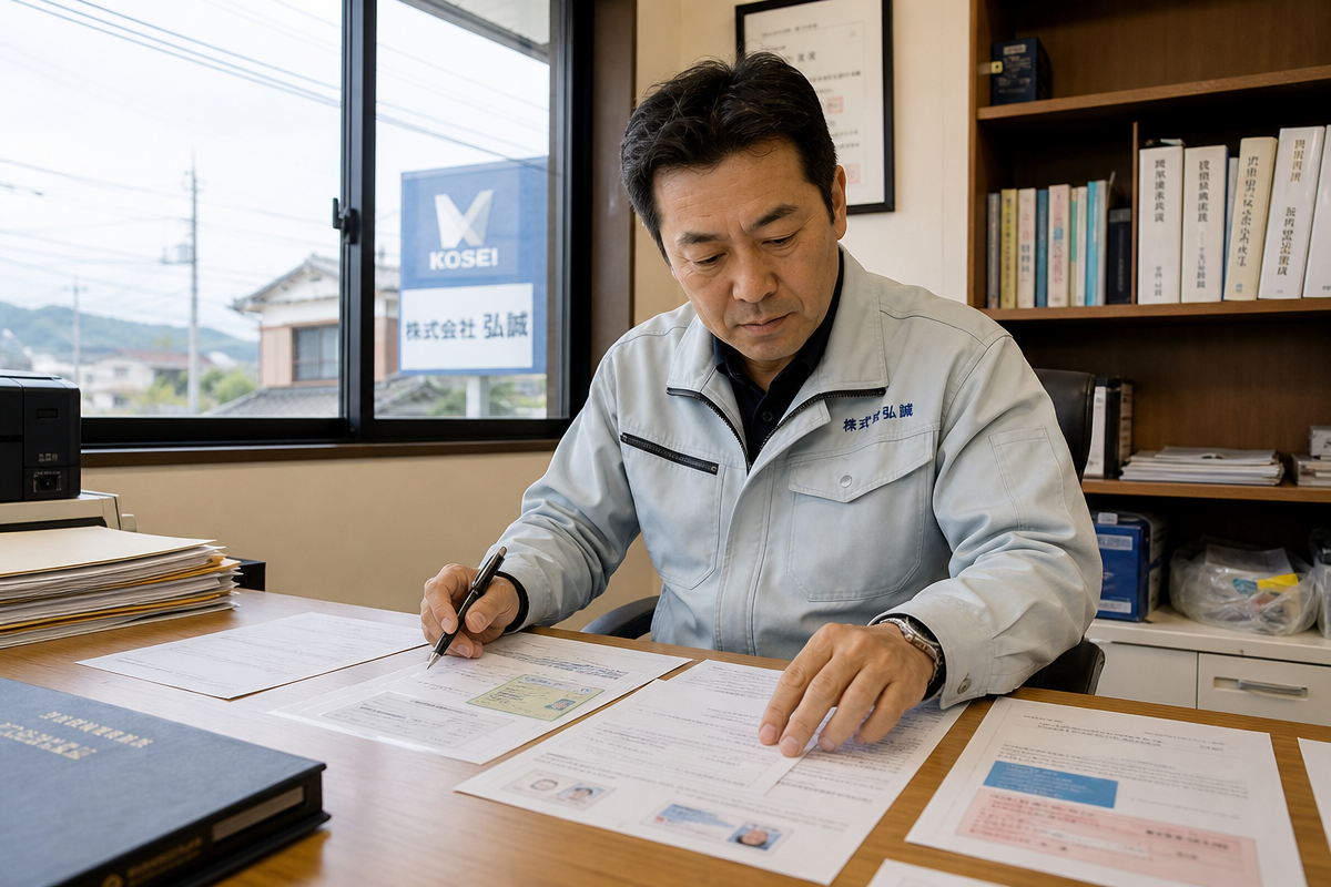 群馬県の小規模修繕工事登録に必要な書類を整える日本人男性施工業者が机上で確認している様子