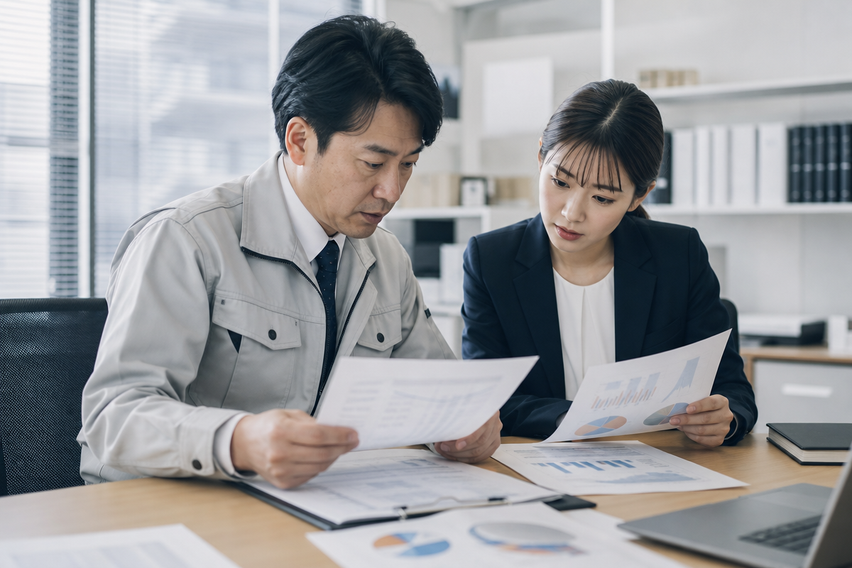 日本人の建設会社経営者と会計担当者が建退共と経営事項審査の資料を机で確認している様子を描いた画像