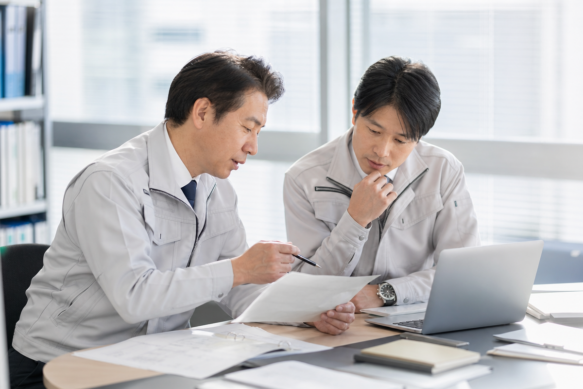 日本人の建設業経営者2人が建退共 経営事項 審査の改善手順チェックリストを確認している様子