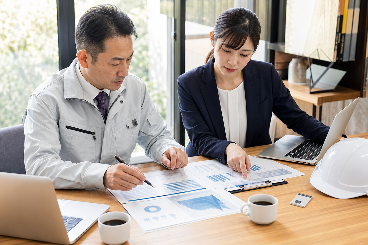 日本人の建設会社経営者と事務担当者が財務諸表とセルフチェックリストを確認し、経営事項審査 国土交通省 の評点アップ策を検討している様子  