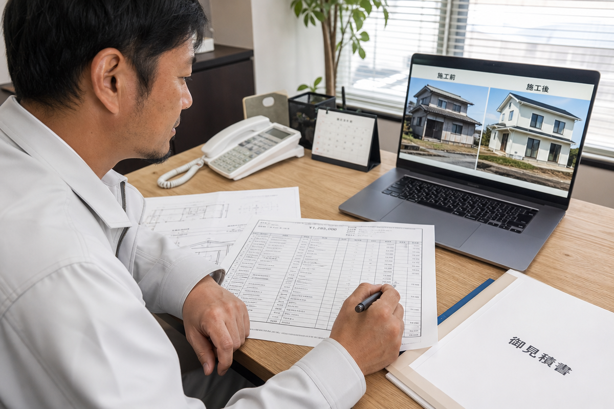 群馬県の小規模修繕工事で日本人職人が見積書を確認し施工前後写真を整理している様子