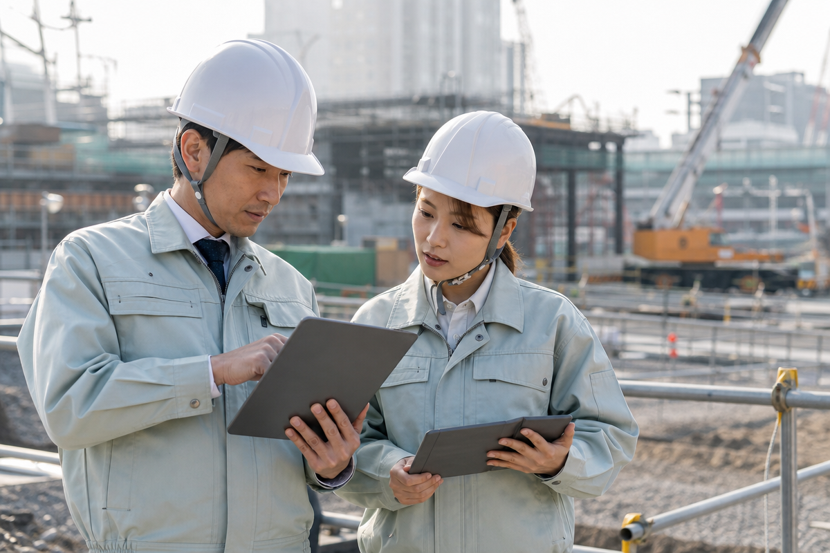 日本人の建設管理者が現場でタブレットを確認しながら建設キャリアアップシステムの活用方法を検討している様子  