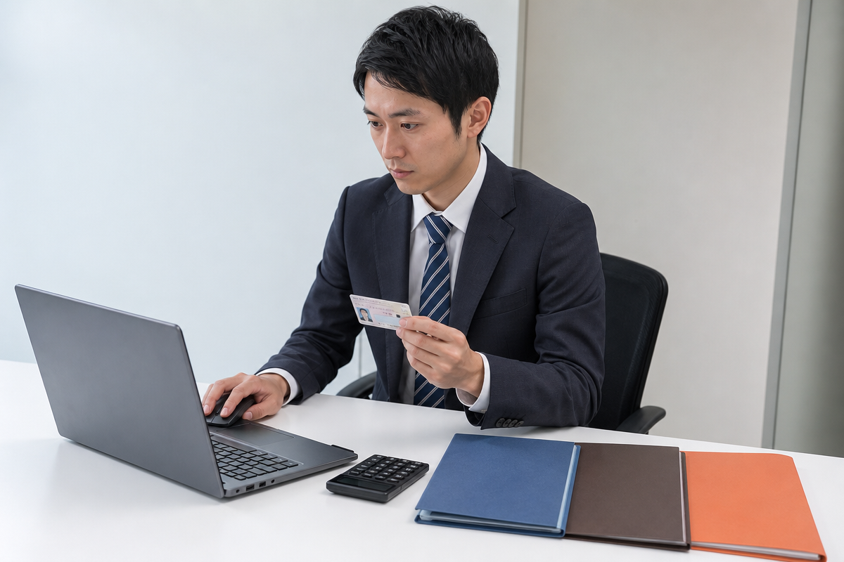 日本人男性がノートパソコンでccus 登録の事業者申請を進め、必要書類を確認している様子  