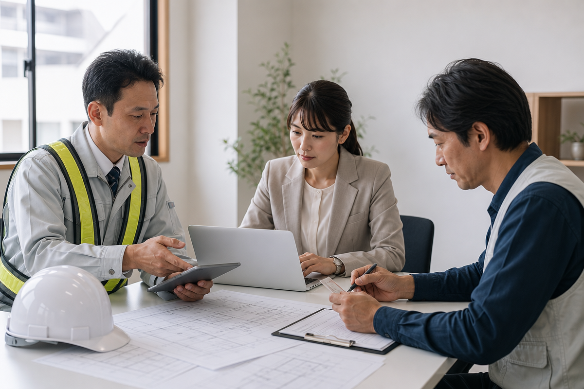 建設現場の事務所で日本人の現場監督と経理担当者がチェックリストを確認し、建設キャリアアップ システム インボイスの登録状況を点検している様子。