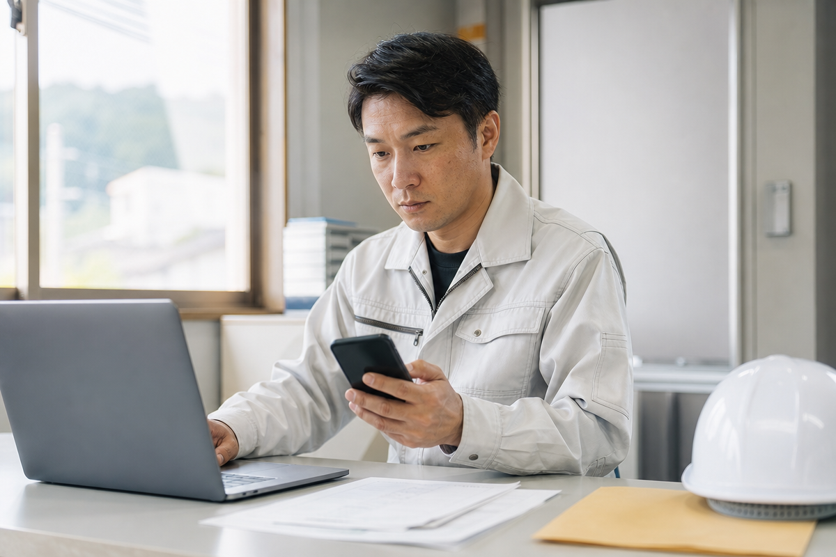 日本人男性作業員が建設キャリアアップ システム カード 再発行のためにID情報や住所を確認している様子  