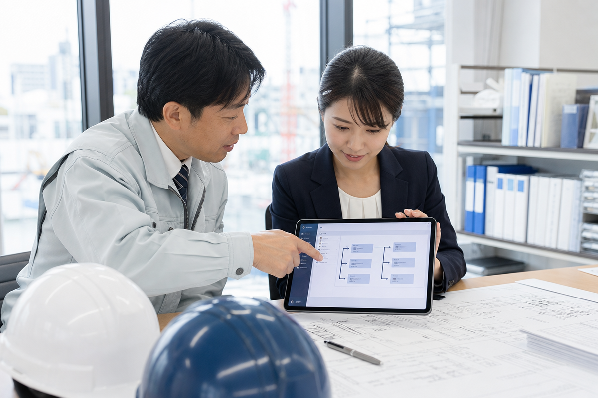 日本人の建設管理者と事務担当者がタブレットで建設キャリアアップ システム インボイス連携のID照合画面を確認している様子