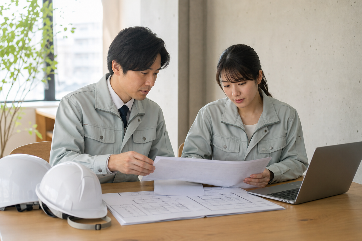 日本人の建設業者男女が建設国保の加入書類を確認しながら相談している様子