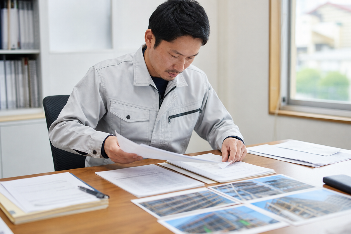 日本人男性の建設作業員が机で建設国保の加入手続き書類を整理している様子。