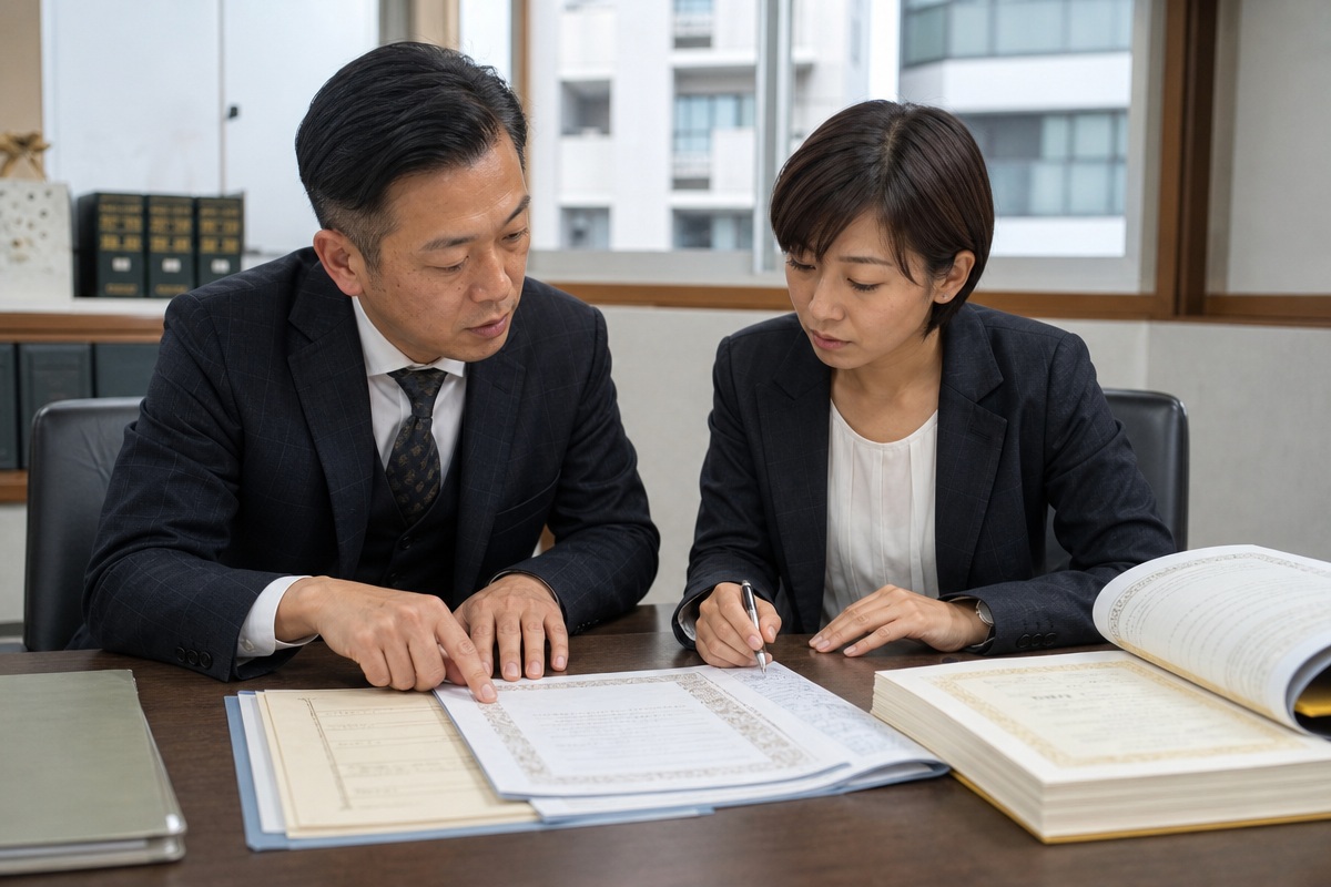 日本人の個人事業主と支配人が建設業許可 個人事業主 支配人登記に関する書類を確認している様子