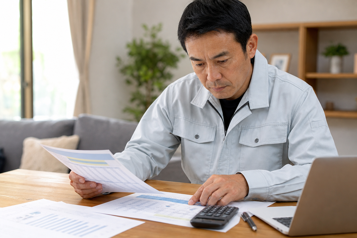 日本人男性が建設国保の料率表と比較チェックリストを机で確認し、保険料試算を行う様子