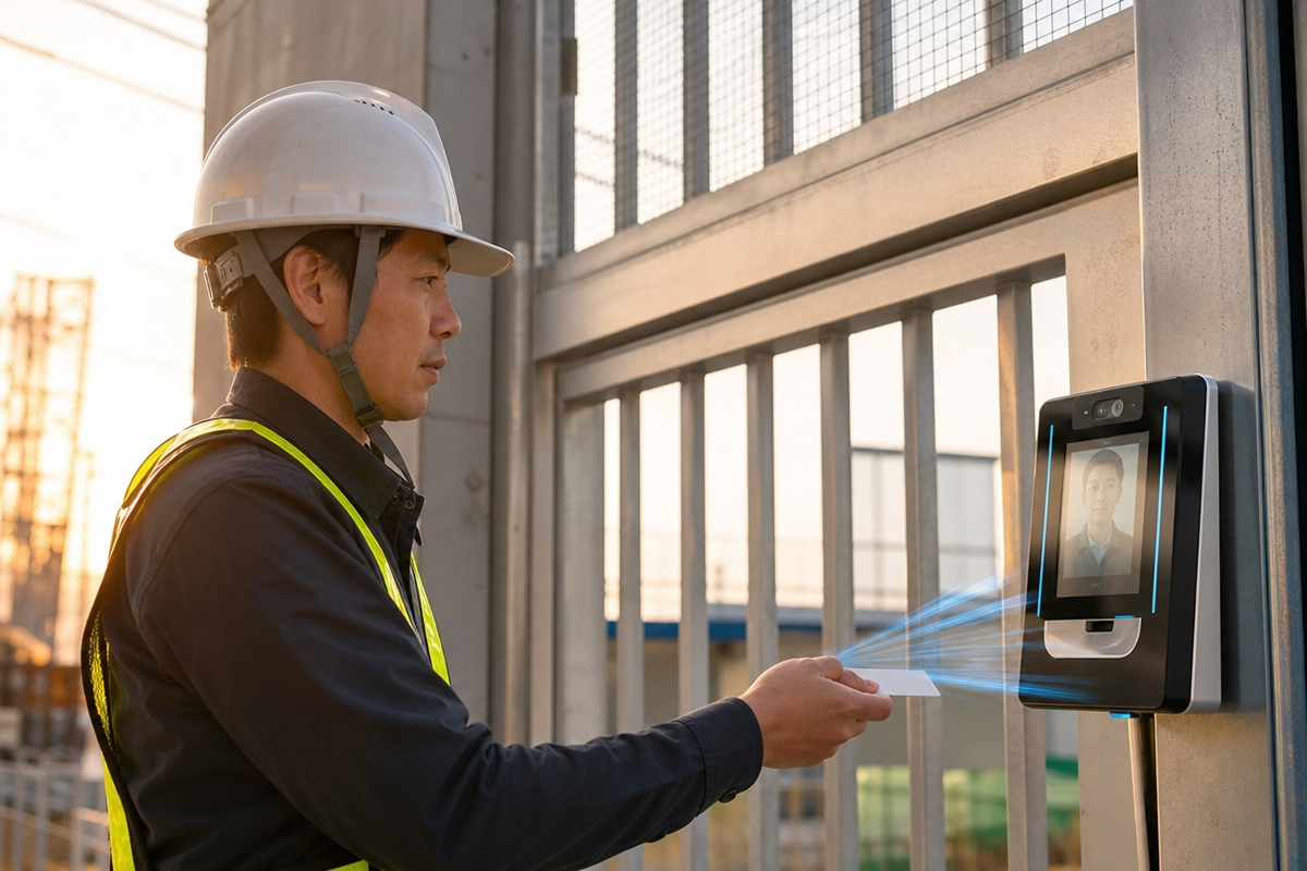 建設現場の入り口でICカードをリーダーにかざす日本人作業員。建設キャリアアップ システムの入退場記録と就業履歴蓄積を示す。  