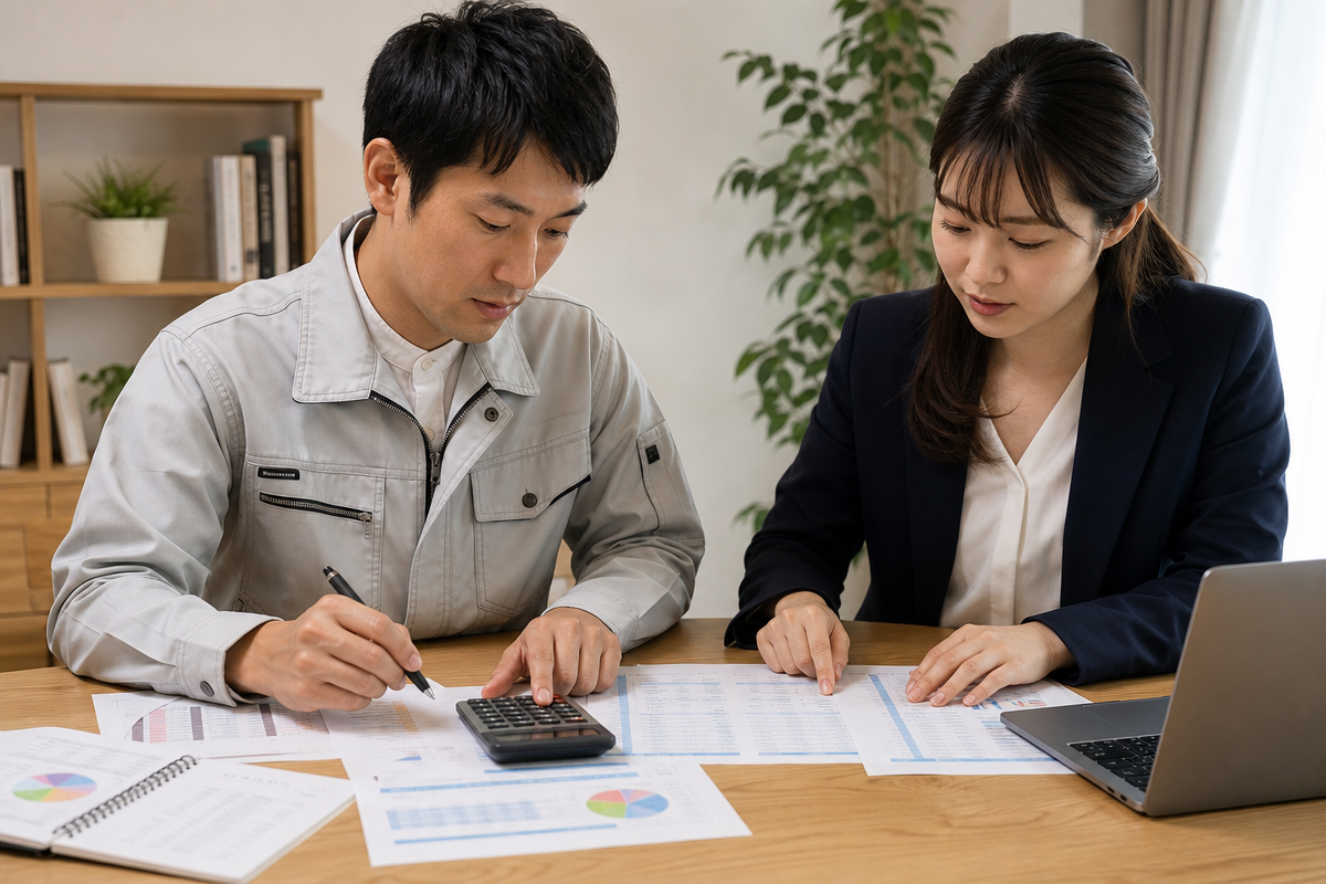 日本人の建設業男性と事務職女性が建設国保の保険料と給付を比較しながら計算している様子