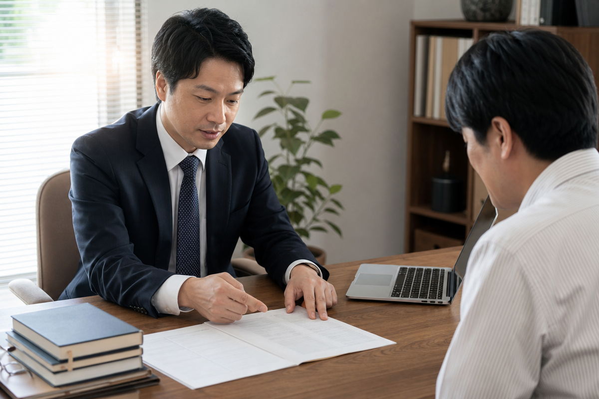 日本人の司法書士が個人事業主に支配人登記の申請手順を説明している様子を描いた画像