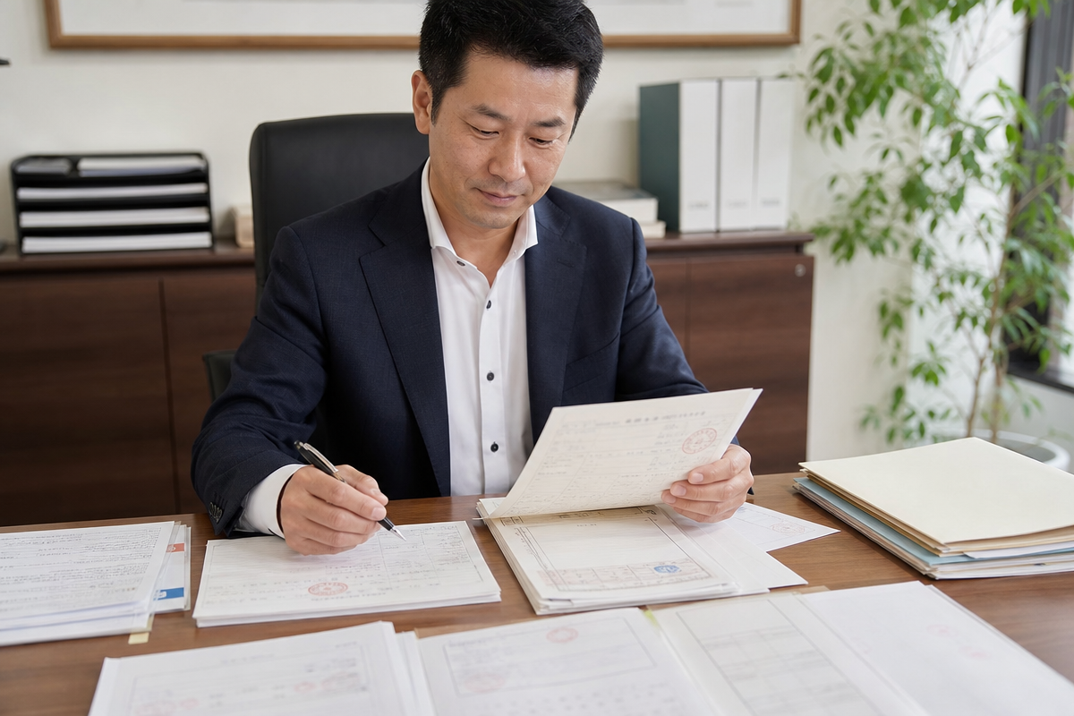 日本人男性が建設業許可 個人事業主 支配人登記の証明書類を整理して検討している様子