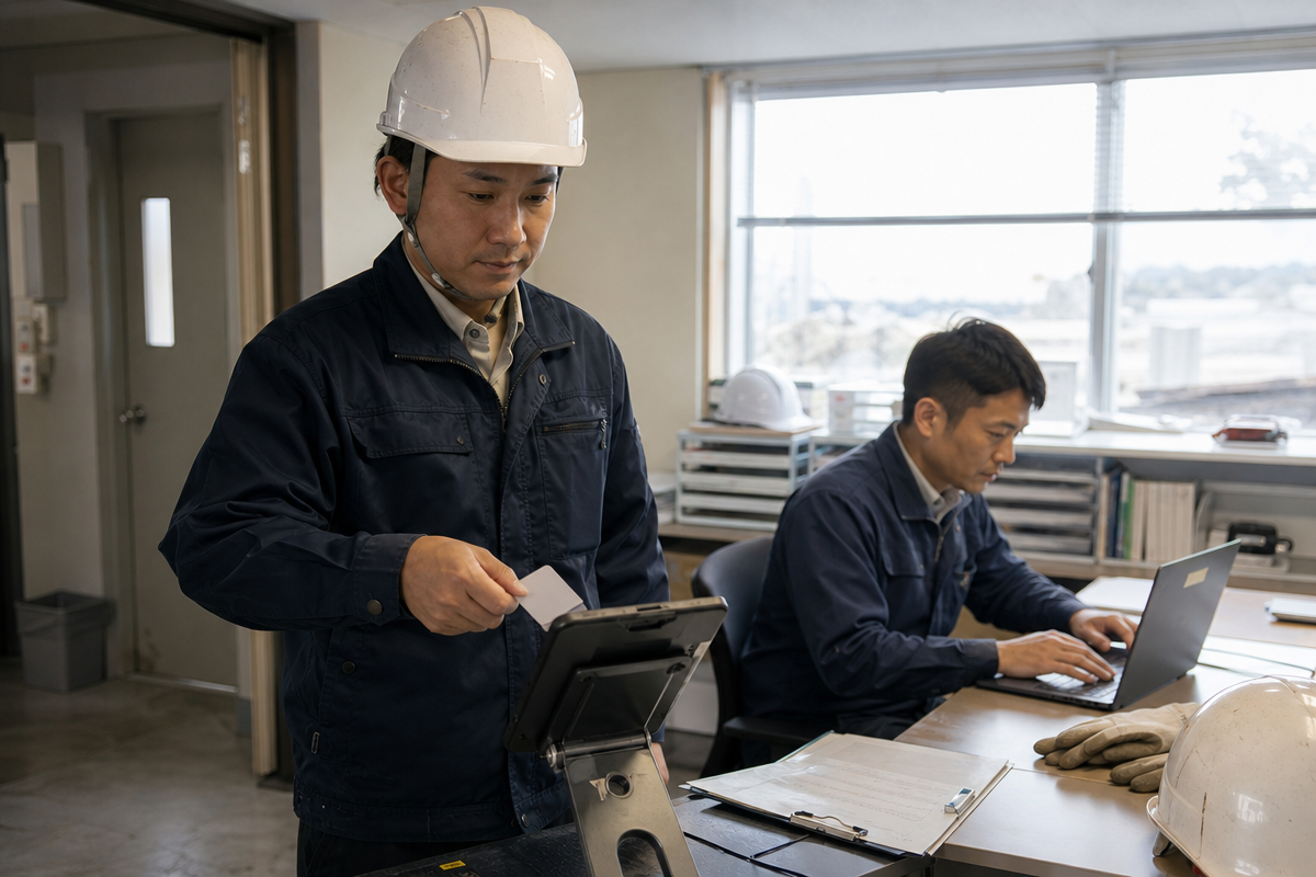 日本人作業員が現場事務所でICカードをタブレット端末にタッチし、ccus 登録後の就業履歴を確認している様子  
