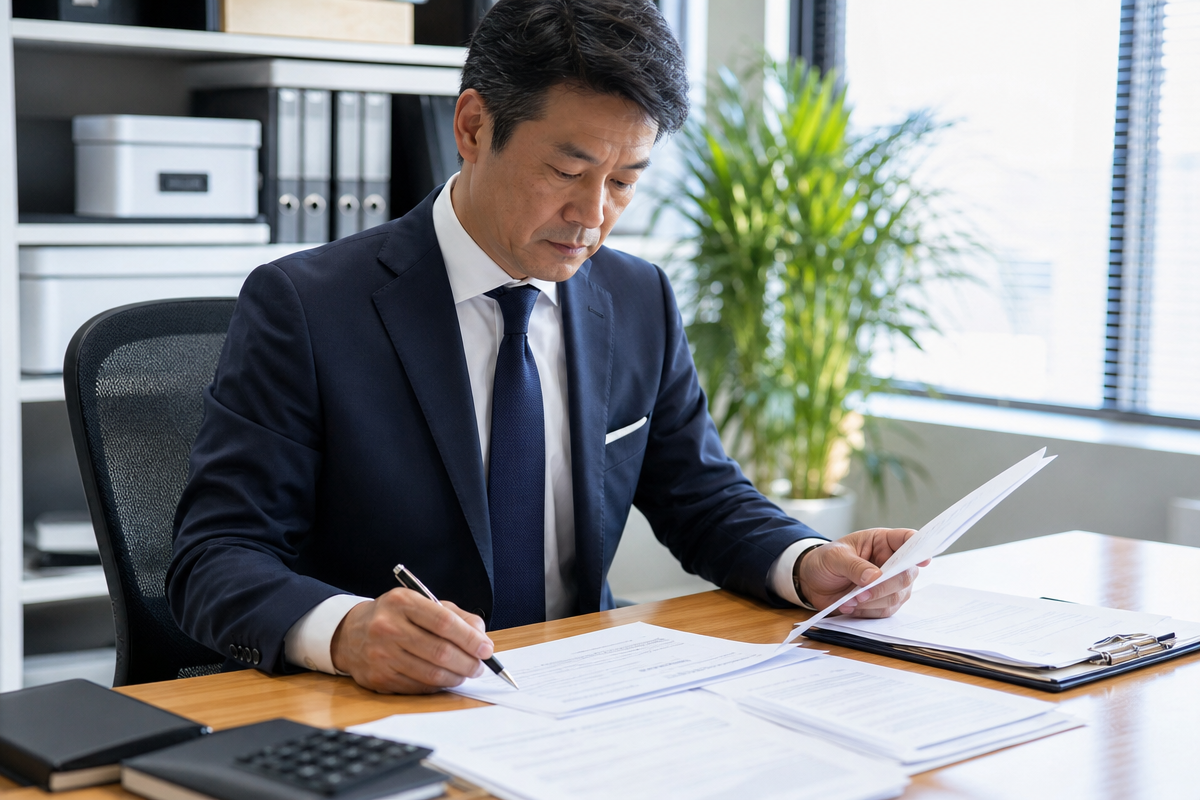 日本人男性が建設業許可の支配人登記に関する常勤性証明書類を確認している様子
