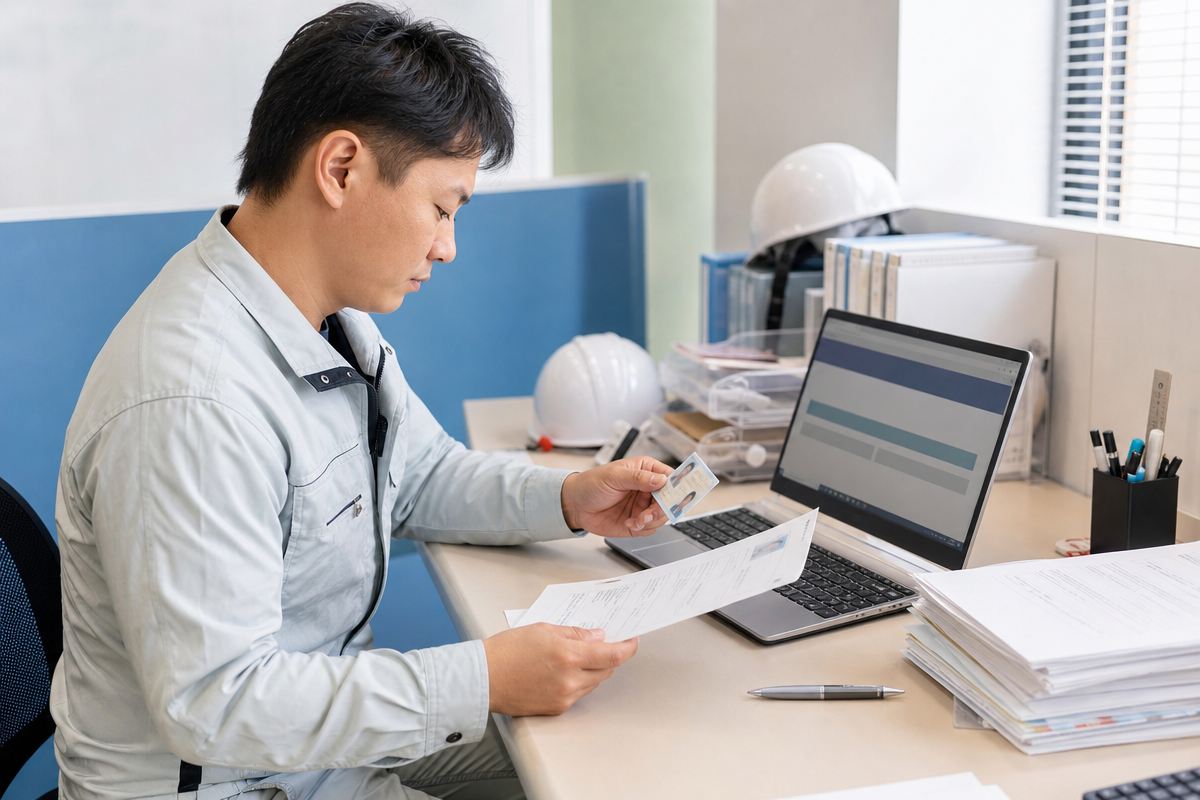 建設キャリアアップ システムの登録書類を確認する日本人技能者が、机上のパソコンとICカードを見ながら手続きを進めている様子。  