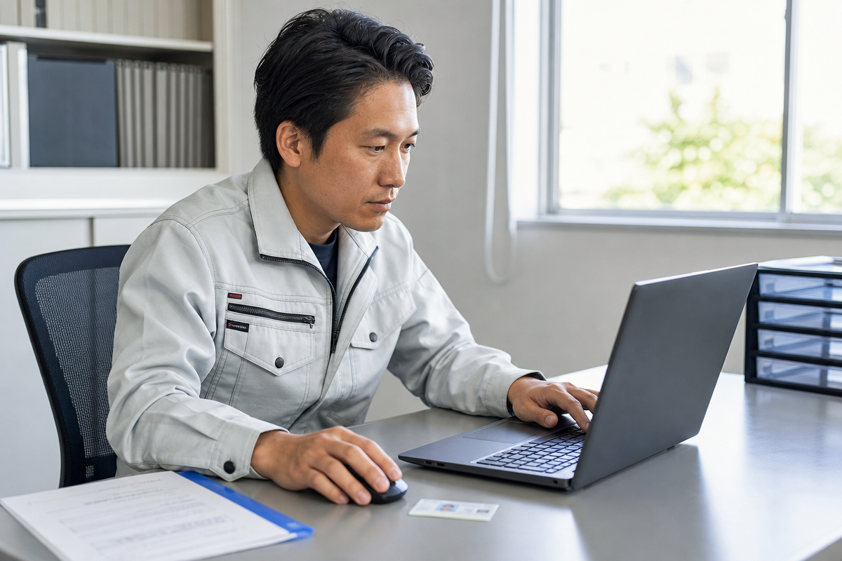 日本人男性が建設キャリアアップシステムカード再発行をオンライン申請する様子を示す  