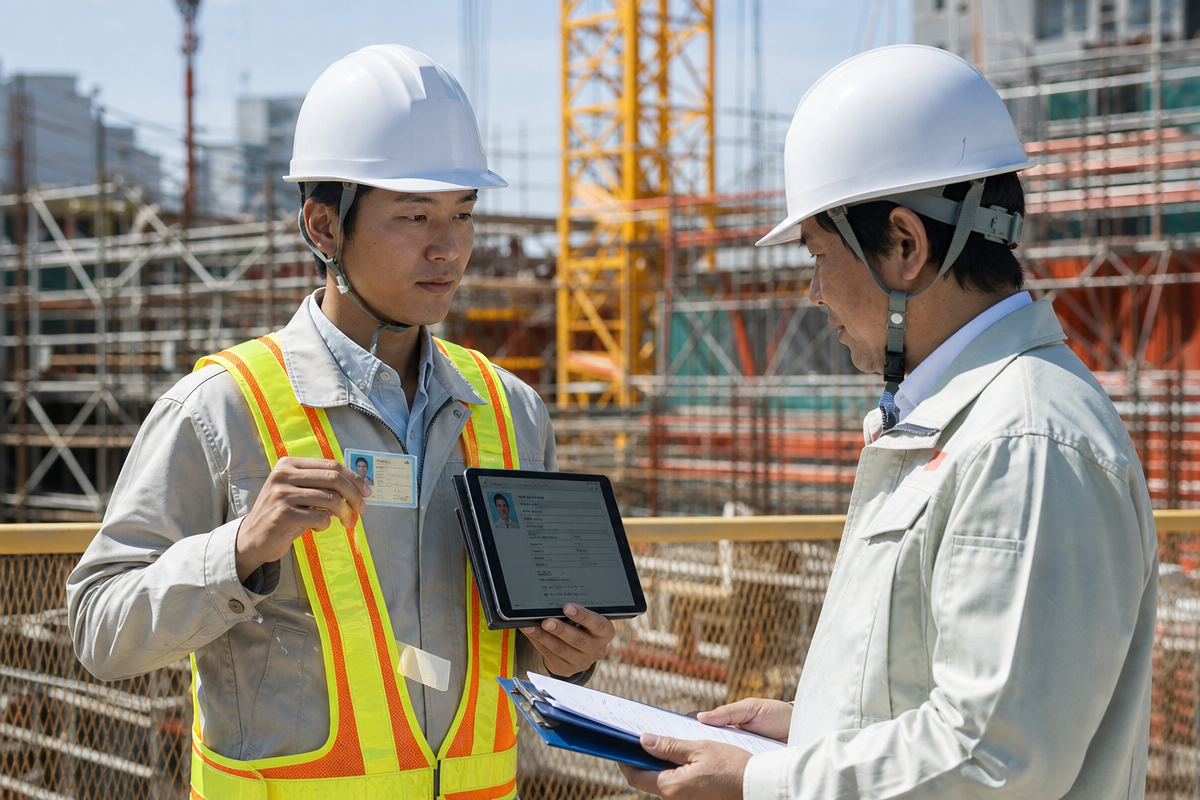 建設現場で日本人作業員が監督者にタブレット画面で就業履歴を確認しながら建設キャリアアップ システム カード再発行後の情報を照合している様子。  