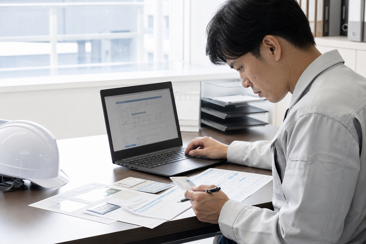 日本人の技能者が机でccus 登録の必要書類を確認しながらオンライン申請を進めている様子  