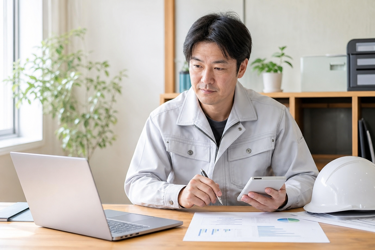 日本人男性の一人親方がデスクでccus 登録の手順と初年度費用をノートパソコンと電卓で確認している様子  