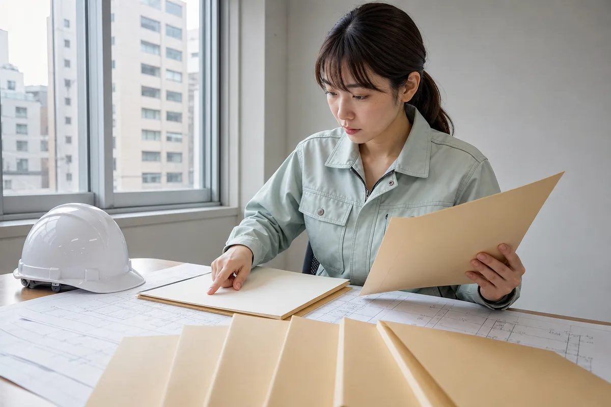 千葉県 建設業許可の要件確認に向け無地の書類を確認する日本人建設会社担当者