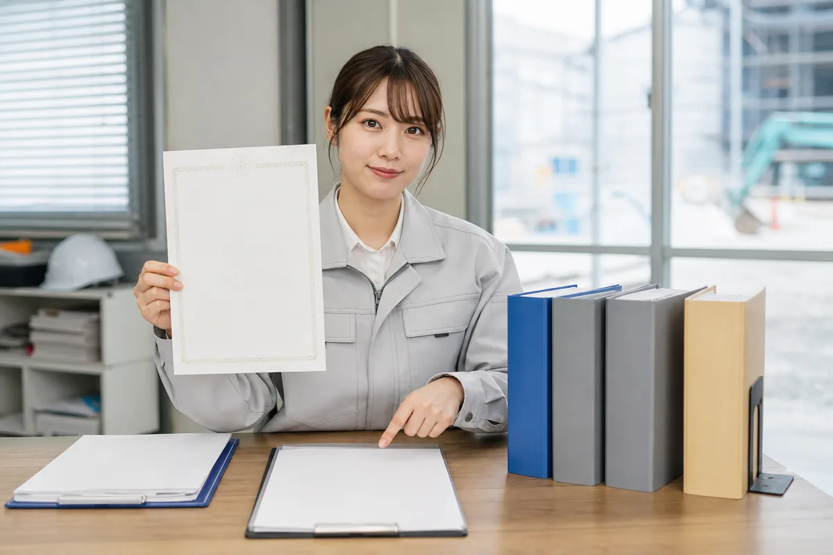 公共工事 前払金 4割の請求準備で保証書と書類を確認する日本人担当者