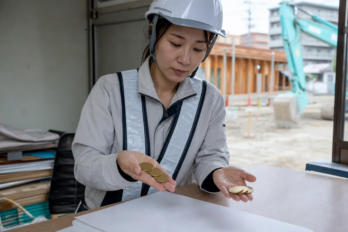公共工事 前払金 4割 根拠を確認する日本人女性担当者と四枚二枚の無地コイン