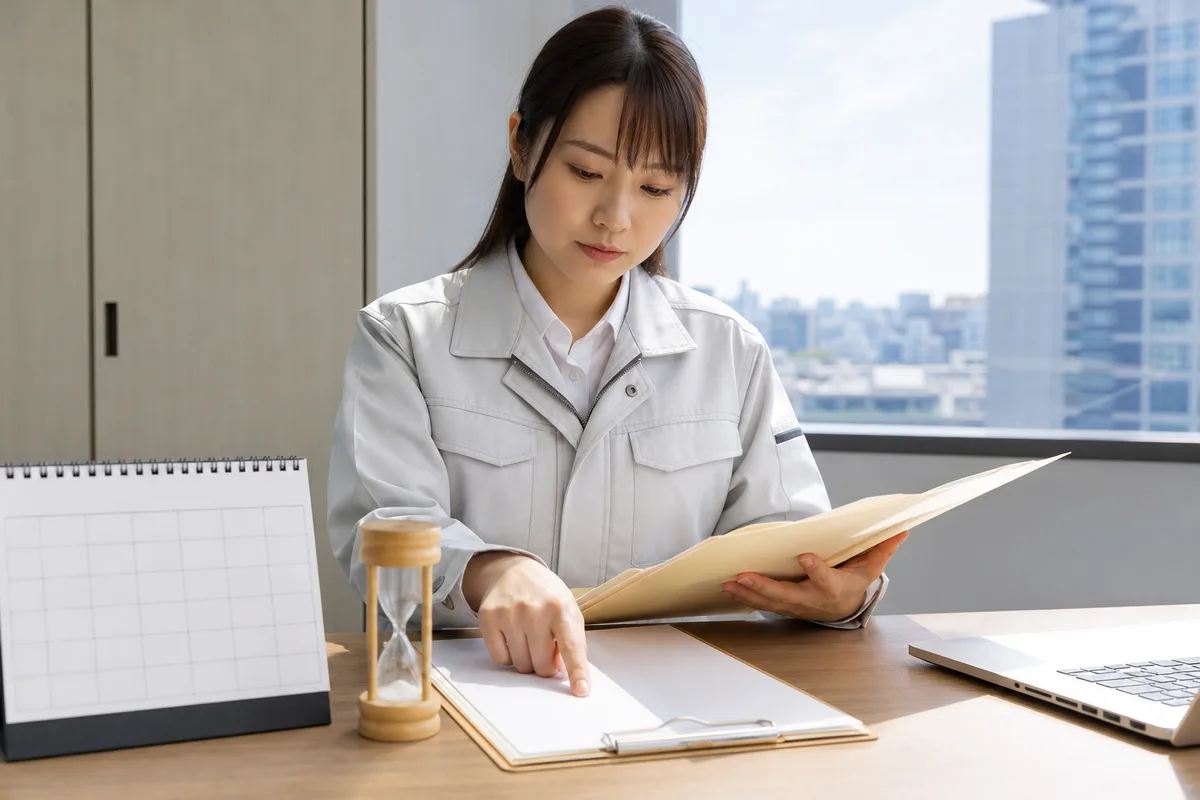 千葉県 建設業許可の更新期限に備え、書類を確認する日本人女性