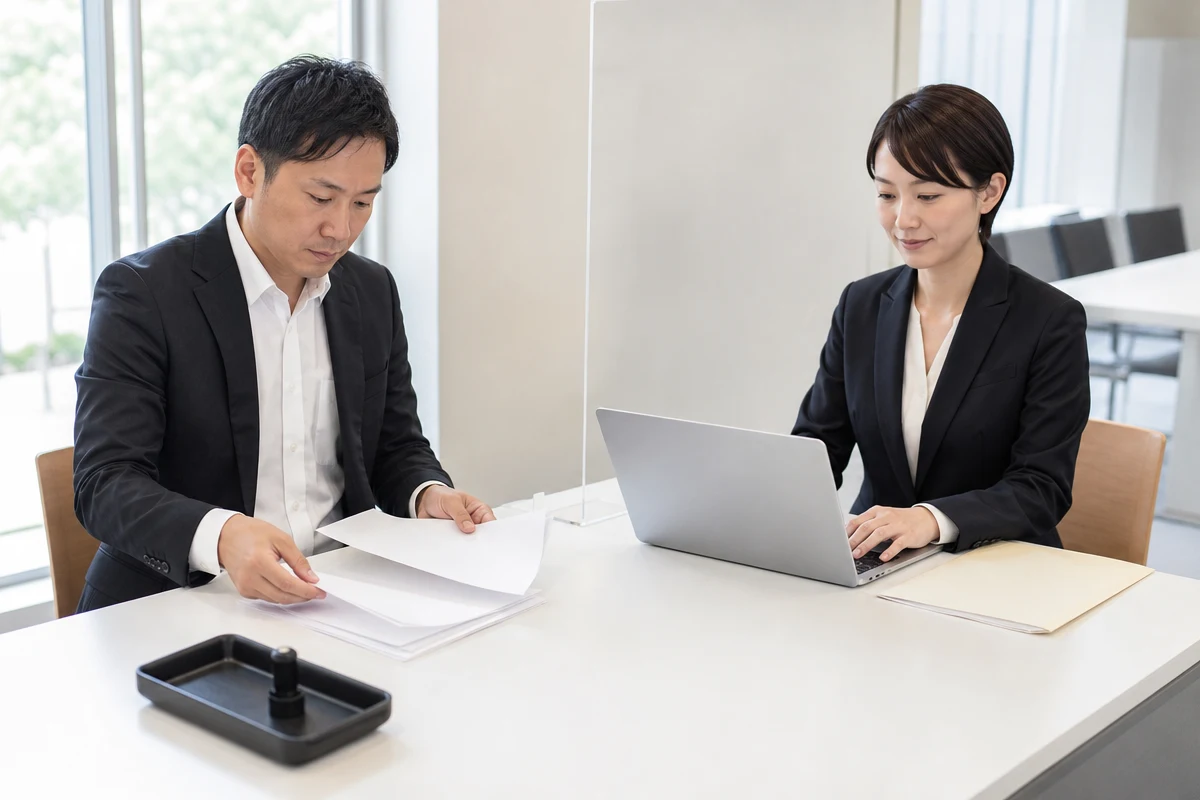 千葉県 建設業許可の申請に向け、書類と電子申請用ノートPCを確認する日本人事業者