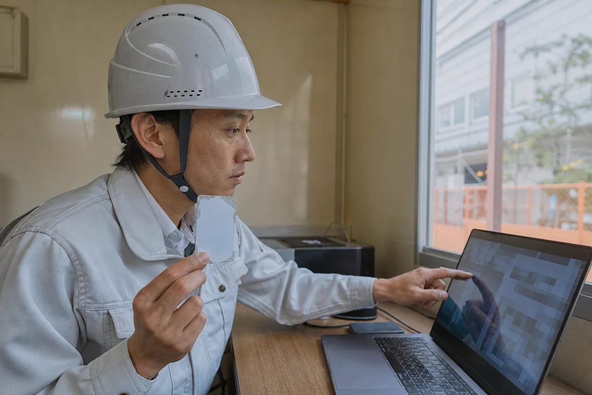 建設キャリアアップシステム 再発行前に破損カードと管理画面を確認する日本人作業員